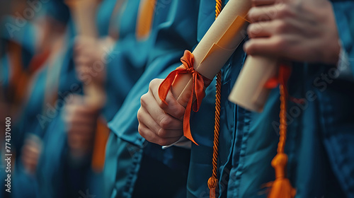 Close-up of graduates' hands proudly clutching their diplomas photo