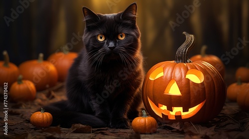 Halloween magic: a black cat sits near a luminous pumpkin in the spooky darkness. © ProPhotos