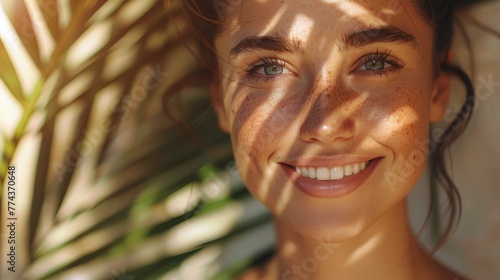 Smiling Woman With Palm Tree Background