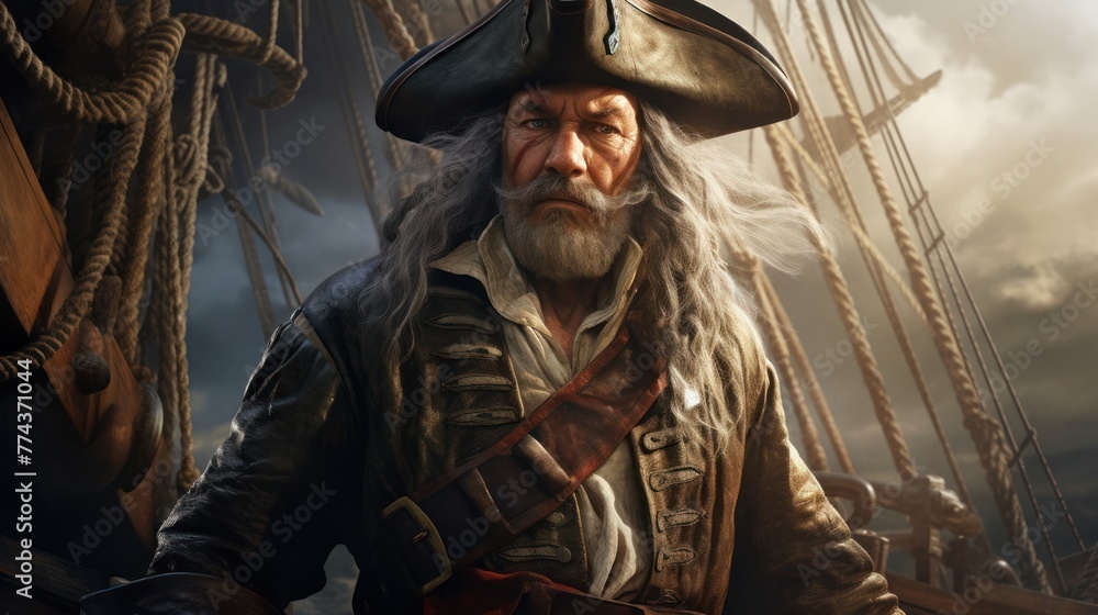 Iconic seafarer: a charismatic pirate in a cocked hat, a vintage representation of a sailor's spirit with a menacing skull flag. Iconic seafarer: a charismatic pirate in a cocked hat, a vintage representation of a sailor's spirit with a menacing skull flag.