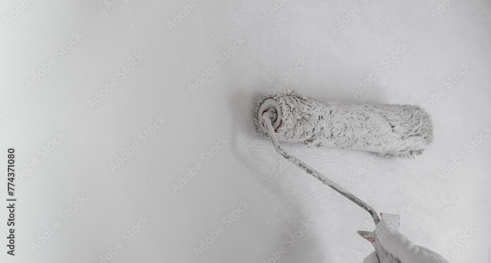 Painting the wall with a roller with white paint. Painting a bare wall ...