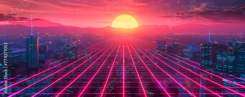 80s Synthwave Digital City at Sunset, To provide a visually striking and nostalgic representation of an 80s digital city at sunset, perfect for