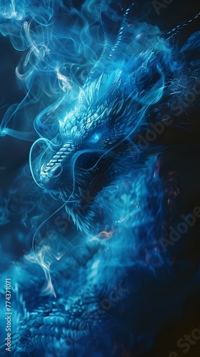 Mystical Blue Dragon Ethereal Smoke Fantasy Art