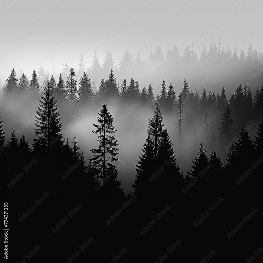 forest silhouette tranquil scene black and white, AI Generative.