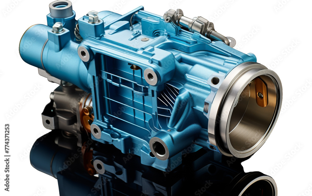 Detailed view of a vibrant blue engine set against a clean white backdrop Detailed view of a vibrant blue engine set against a clean white backdrop