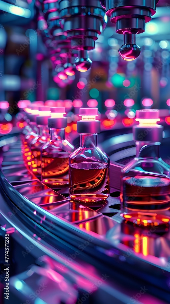 Critical Moment in High Precision Vial Sealing Process with Vibrant Lighting Critical Moment in High Precision Vial Sealing Process with Vibrant Lighting