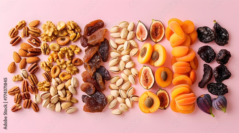 Elegant Assortment of Dried Fruit and Nuts Against Soft Pink Background Showcasing Natural Beauty and Simplicity