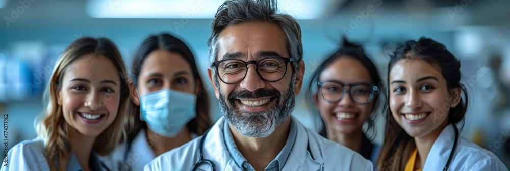 Smiling medical team led by a dedicated doctor. Smiling medical team led by a dedicated doctor.