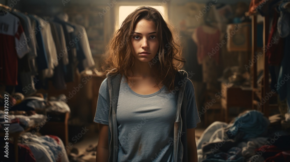 The room tells the story of clutter: an attractive woman inspects the scattered items, her sad demeanor reflecting the cleaning task ahead. The room tells the story of clutter: an attractive woman inspects the scattered items, her sad demeanor reflecting the cleaning task ahead.