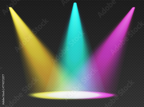 Three stage limelights. Yellow, blue and pink cone lights from top with darkened edges.
