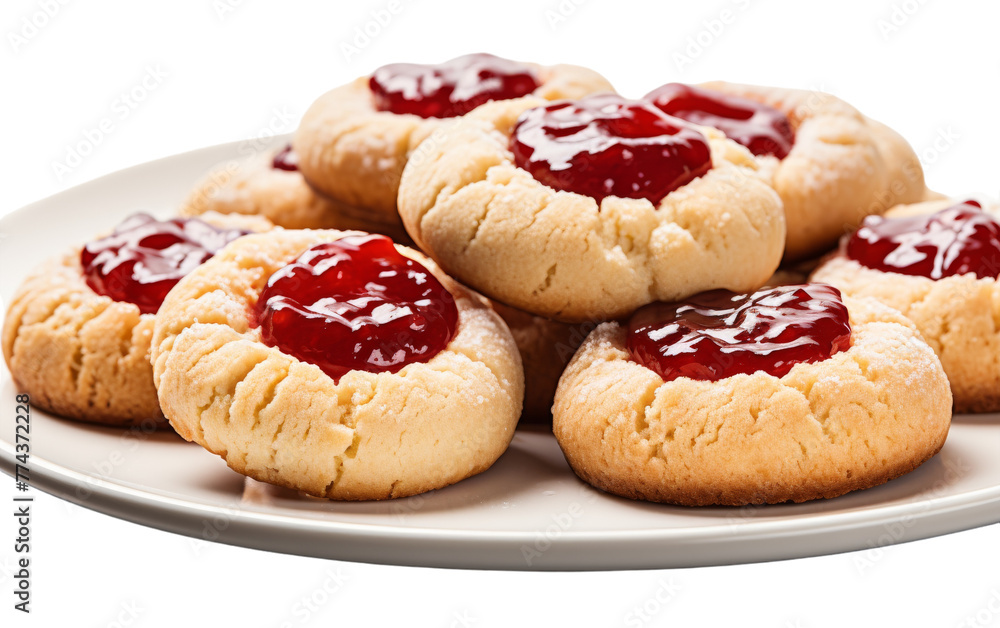 A white plate showcases an array of cookies generously topped with glistening, flavorful jelly A white plate showcases an array of cookies generously topped with glistening, flavorful jelly