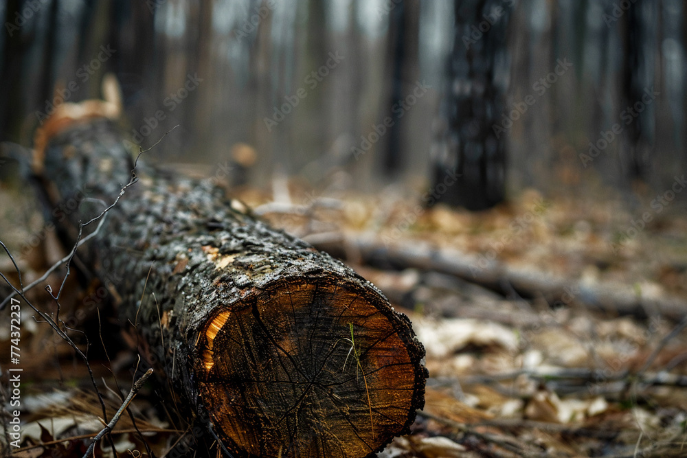 Fototapeta premium Fallen tree in forest depicting environmental deforestation issue. Environmental Impacts. Destruction of the biosphere. Ecological problems