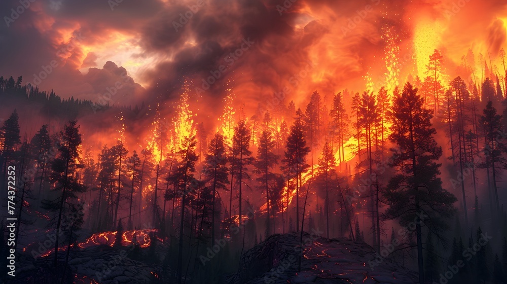 Dramatic Forest Engulfed in Raging Wildfire Fueled by Advancing Molten Lava Flow Showcasing Nature s Destructive Power