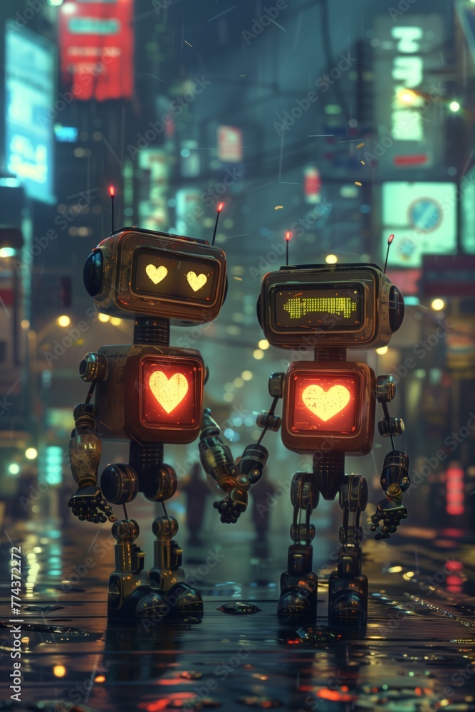 Two robots with heart-shaped screens stand in a rainy urban nightscape, portraying love and technology in an imaginative way.