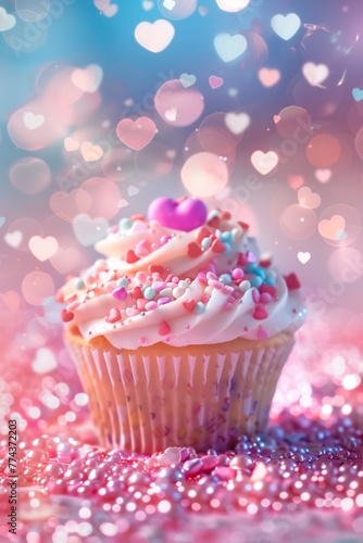 A cupcake adorned with colorful sprinkles and a heart, amidst a sparkling bokeh backdrop; perfect for Valentine's and sweet celebrations.