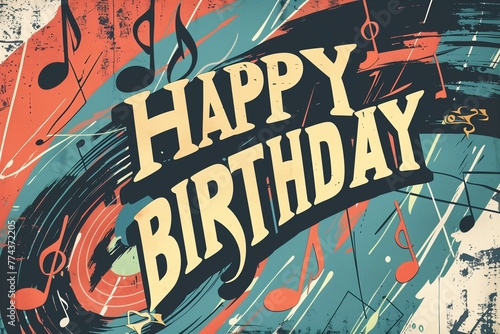 A graphic birthday greeting with a retro music theme  ideal for birthday wishes for someone who loves the old-school vibe.