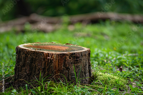 Tree stump in forest floor symbolizing deforestation. Environmental Impacts. Destruction of the biosphere. Ecological problems