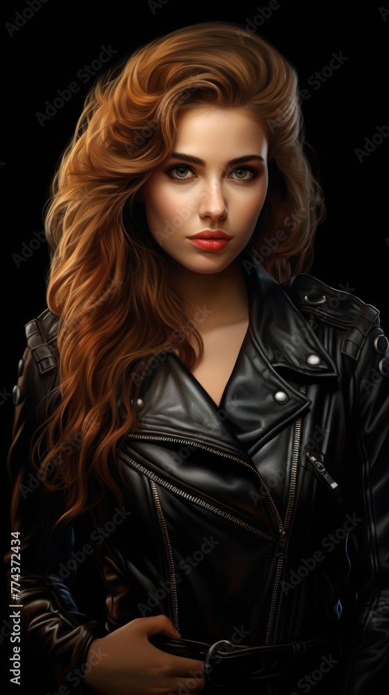 The long-haired redhead beauty in a leather jacket is a captivating image that represents youth and modern women's fashion.