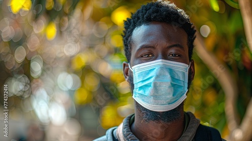 An African Man Safely Navigating Urban Life with a Protective Face Mask Generative AI photo