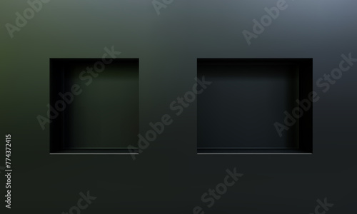 Two empty niches or shelf on black wall 3D mockup