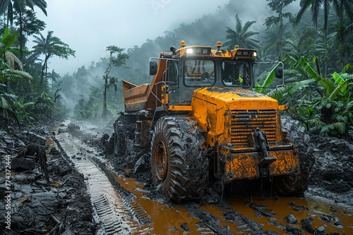 Bulldozer Clearing Wet Mud in Tropical Rainforest