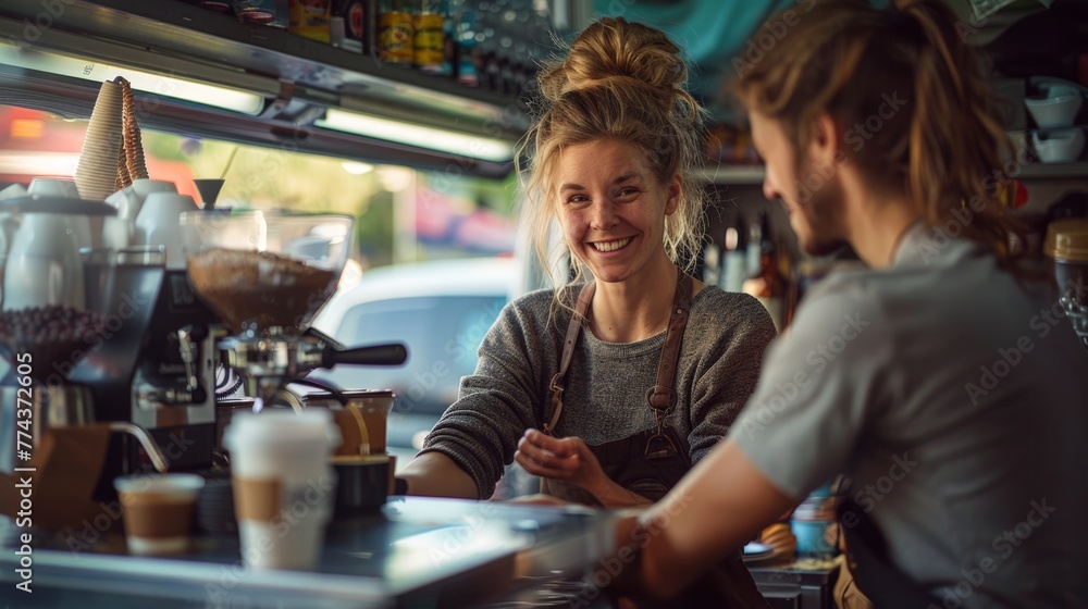 Barista Assisting a Customer at a Specialty Coffee Truck Generative AI
