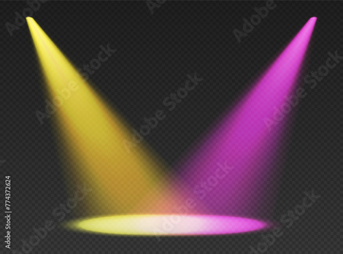 Two stage limelights. Yellow and pink cone lights from top with darkened edges.