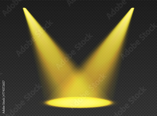 Two stage limelights. Yellow cone lights from top with darkened edges.