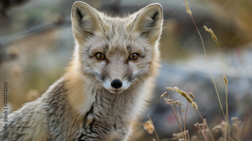Solitary Arctic fox with autumnal forest backdrop. Solitary Arctic fox with autumnal forest backdrop.