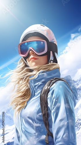 A drawing that captures the essence of the mountain lifestyle, featuring a blonde snowboarder against a backdrop of majestic mountains and a clear blue sky. © ProPhotos