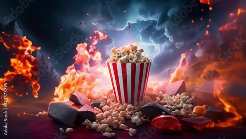 Realistic movie theater advertising poster, popcorn bucket, clapperboard, movie tape and reel, popcorn flying in motion. Movie production banner, movie premiere	 photo
