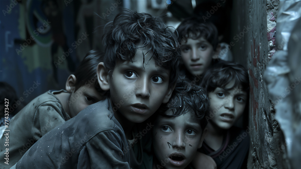 Portrait of childrens with a fear faces.