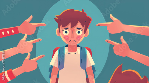 sad schoolboy or male student with backpack, around are hands with pointing fingers , concept of school bullying . Violence victim bully and social theme 
