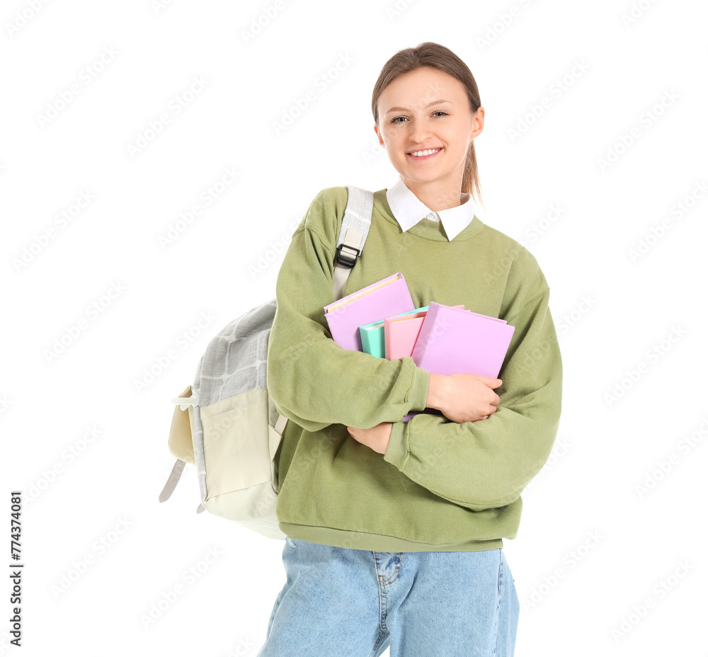 Female student with books on white background. End of school concept Female student with books on white background. End of school concept