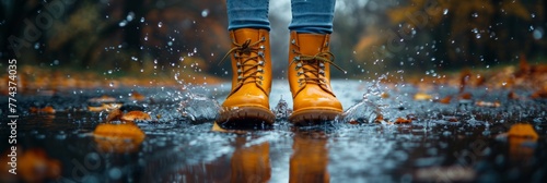 Playful puddle splashing: Individual in bright boots delights in rain. photo