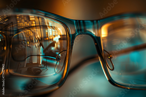 a close up of a pair of glasses with a reflection of a light on the side of the glasses and a reflection of a light on the other side of the glasses.