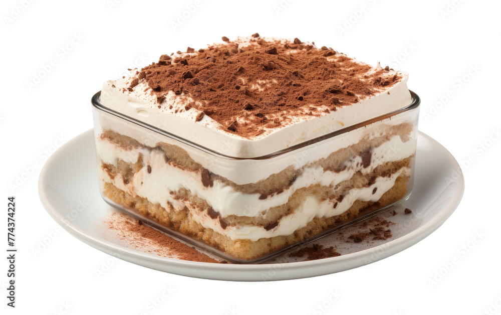 A slice of cake gracefully poised on a pristine white plate A slice of cake gracefully poised on a pristine white plate