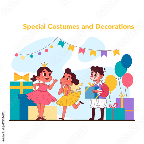 Special costumes and decorations concept. Flat vector illustration