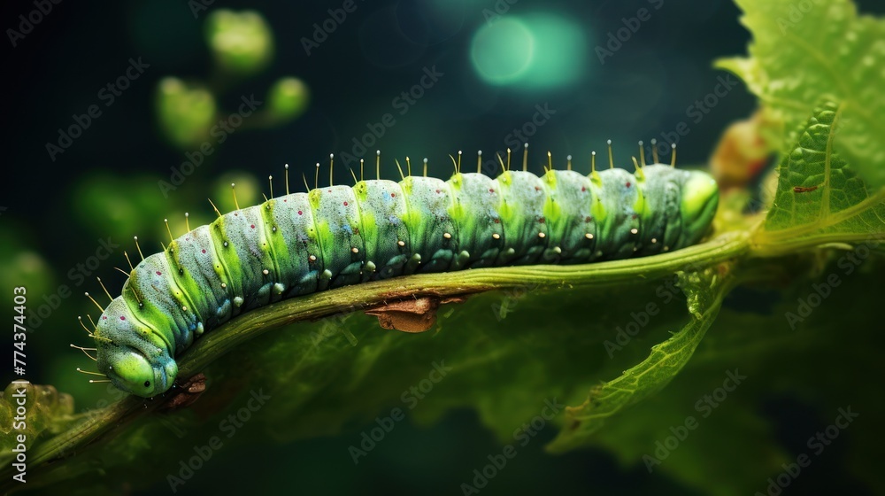 Green caterpillar on a green leaf on a dark background.