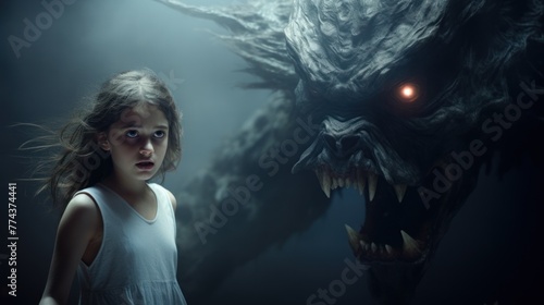In the eerie shadows  a small girl encounters a nightmare creature with burning eyes.