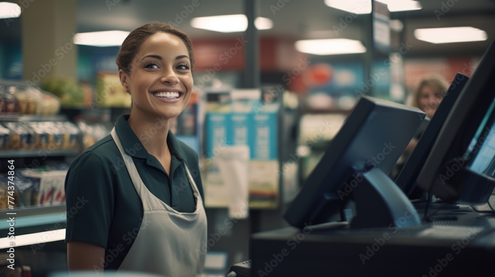 A smiling cashier, a symbol of excellent service, stands against a backdrop of stacked shelves. A smiling cashier, a symbol of excellent service, stands against a backdrop of stacked shelves.