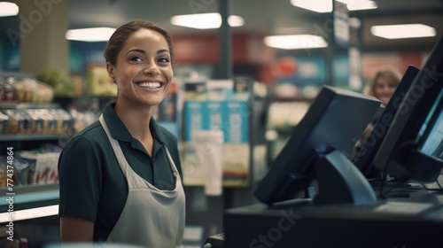 A smiling cashier, a symbol of excellent service, stands against a backdrop of stacked shelves.