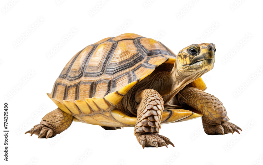 A small turtle peacefully sits on a white surface A small turtle peacefully sits on a white surface