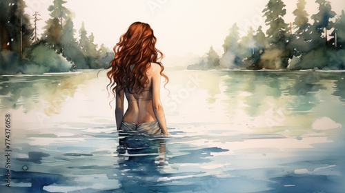 Watercolor drawing of a red-haired beauty entering a lake against the backdrop of a green forest. © ProPhotos