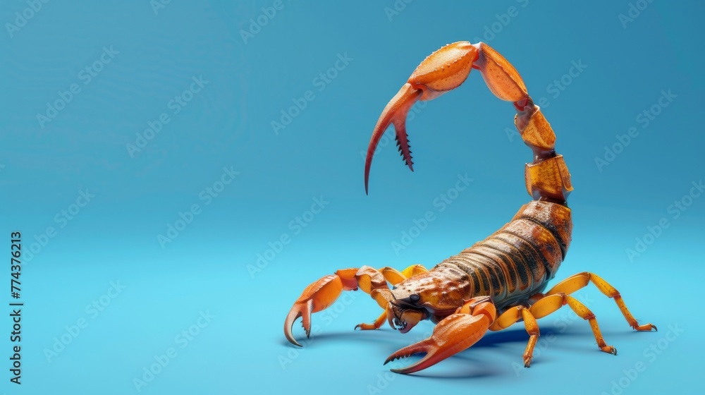Scorpion on a blue background. Dangerous insect. Sting with poison. - obrazy, fototapety, plakaty 