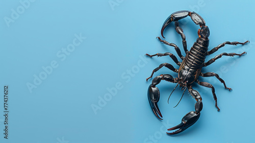 Black scorpion on a blue background. Dangerous insect. Sting with poison.