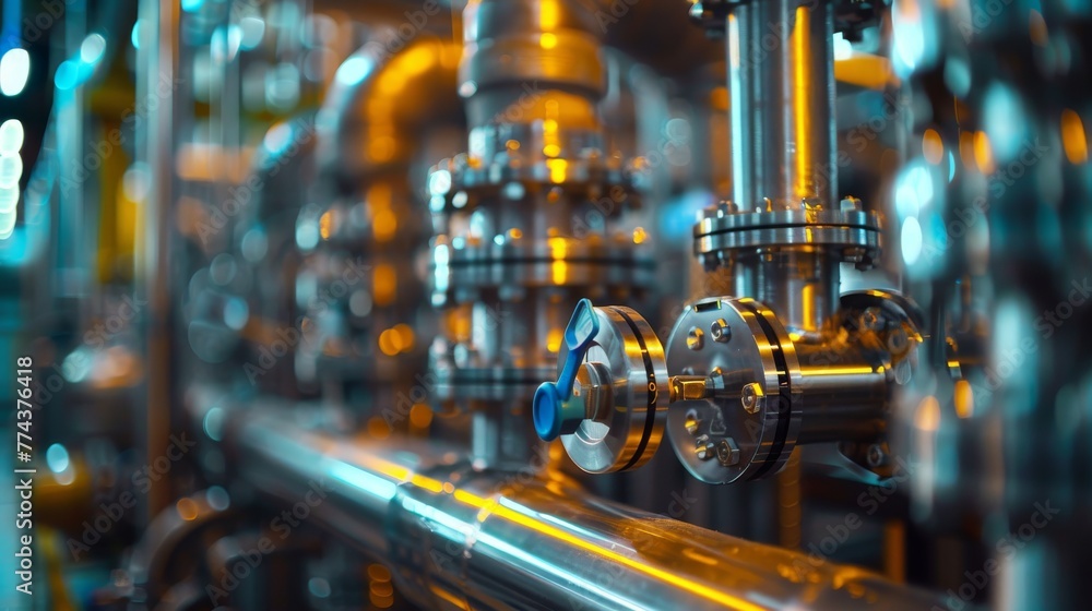 Fototapeta premium Industry pipeline transport petrochemical, gas and oil processing, furnace factory line, rack of heat chemical manufacturing, equipment steel pipes plant. Energy engineering. Generative ai