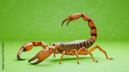 Scorpion on a green background. Dangerous insect. Sting with poison.