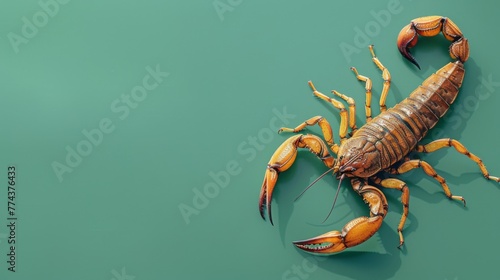 Scorpion on a green background. Dangerous insect. Sting with poison.