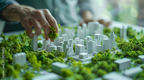 Man modeling sustainable green city concept with eco friendly white buildings and small trees from paper  representing urban planning and environmental conservation. Generative ai